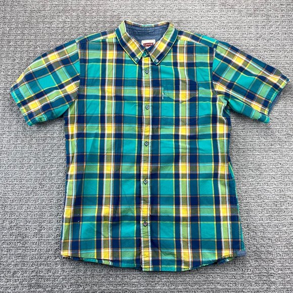 Levi's Shirt Boys Extra Large XL 13-15 Years Green Yellow Blue Plaid Button Up - Picture 1 of 10